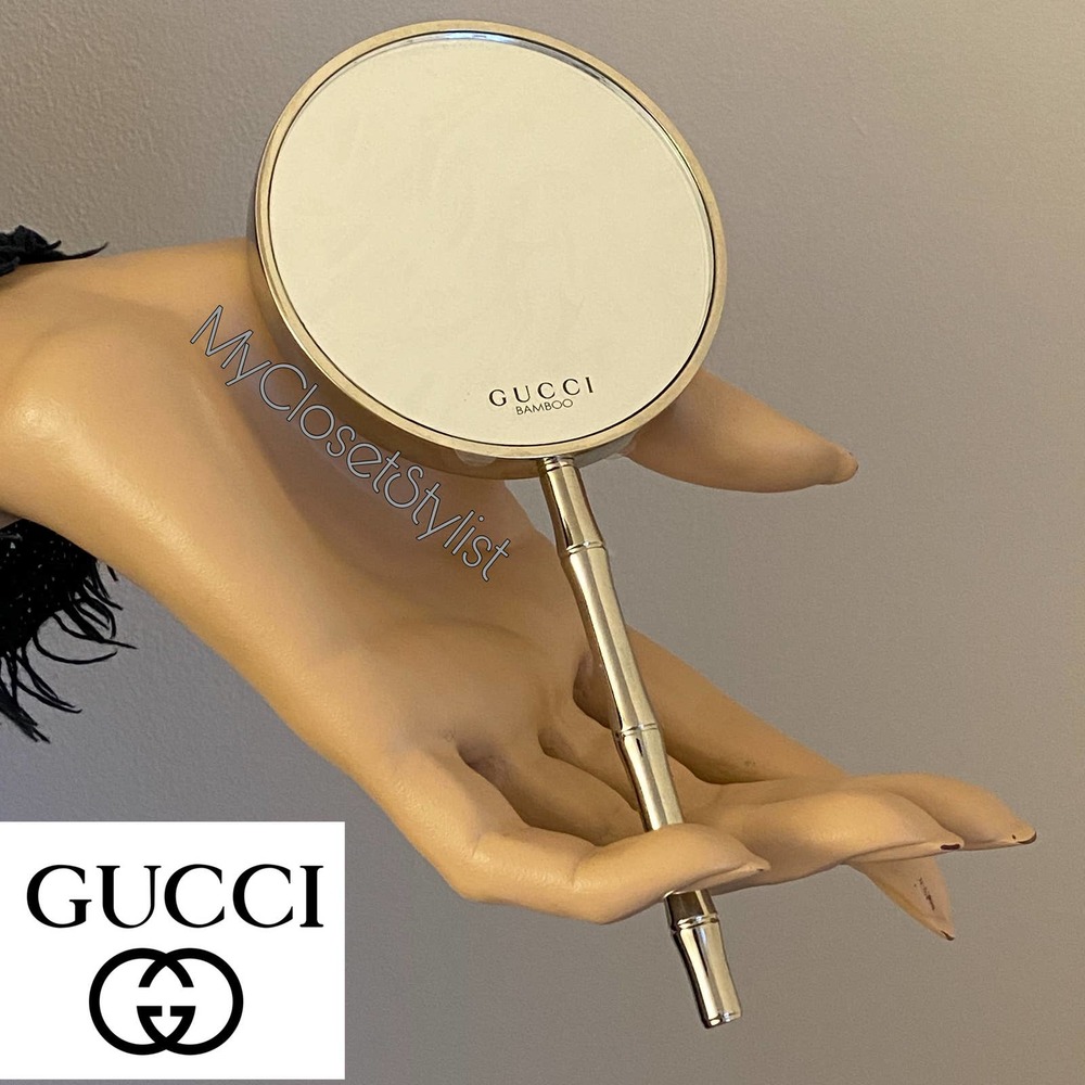 New GUCCI Bamboo Handle Dual + Magnifying Mirrors Rare! Large Silver NEW IN BOX - Picture 2 of 7
